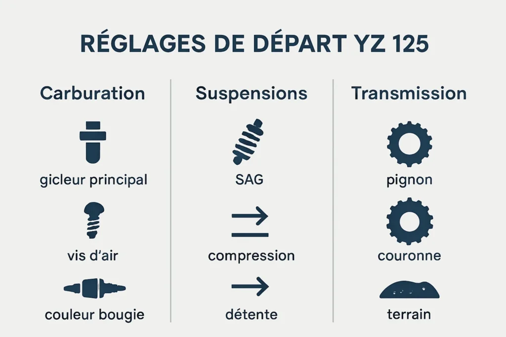 Schéma des réglages carburation, suspensions et transmission