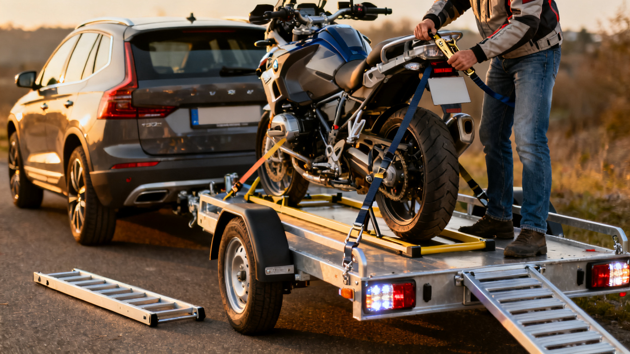 Chargement d’une remorque moto avec rampe et sangles