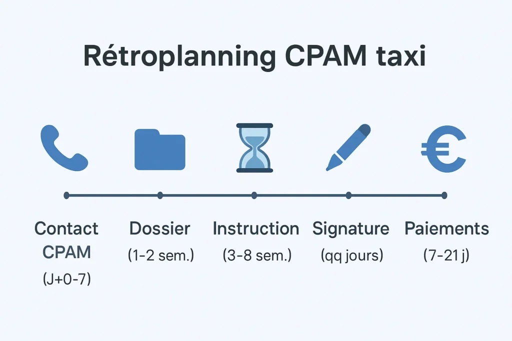 Timeline des étapes CPAM et délais moyens taxi