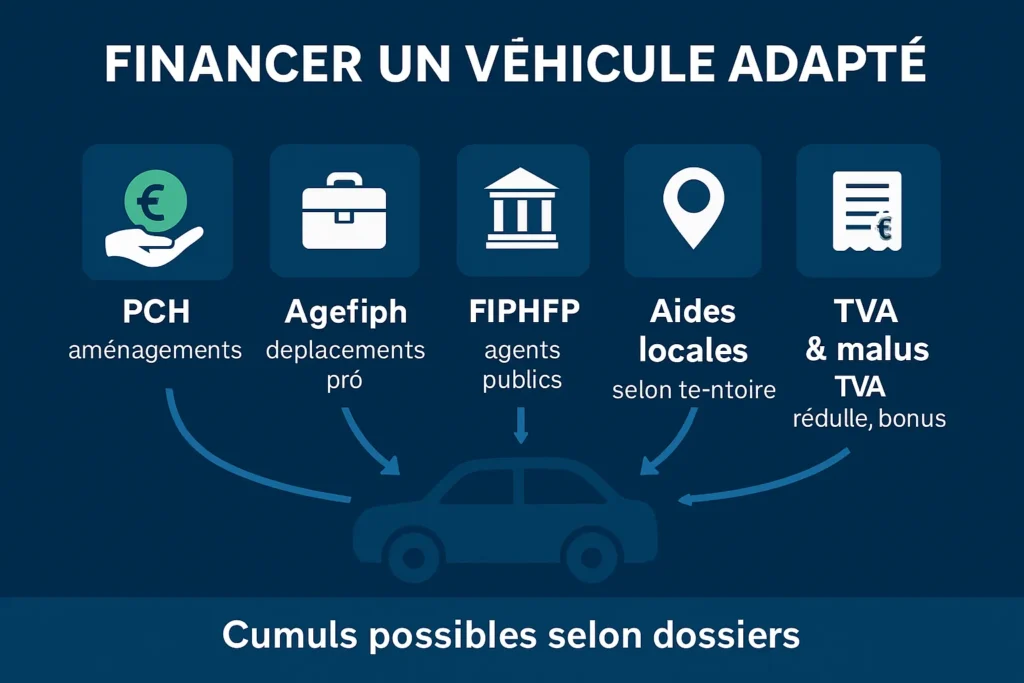 Schéma des aides PCH, Agefiph, FIPHFP et TVA réduite