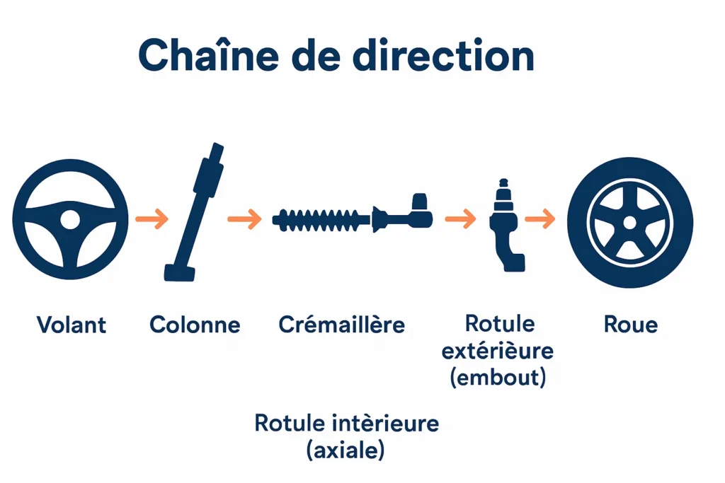 Schéma biellette, rotule axiale et embout au porte-fusée