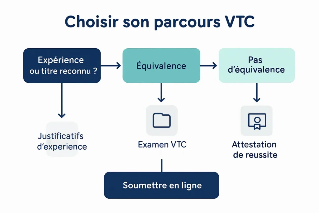 Schéma du choix examen VTC ou équivalence avec critères