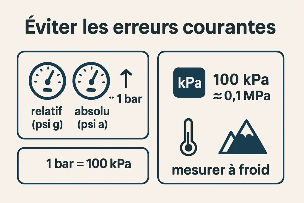 Schéma erreurs courantes : psi g vs psi a, kPa et altitude