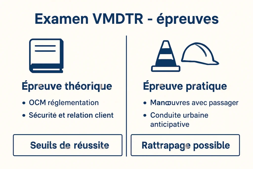 Schéma de l’examen VMDTR: théorie, pratique, barème