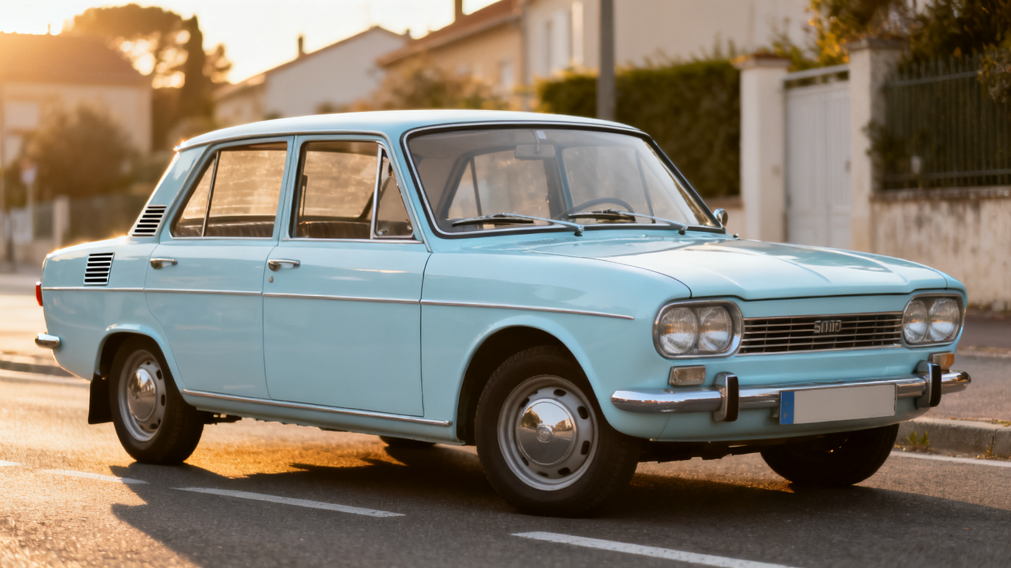 Simca 1000 bleue en trois-quarts avant au soleil