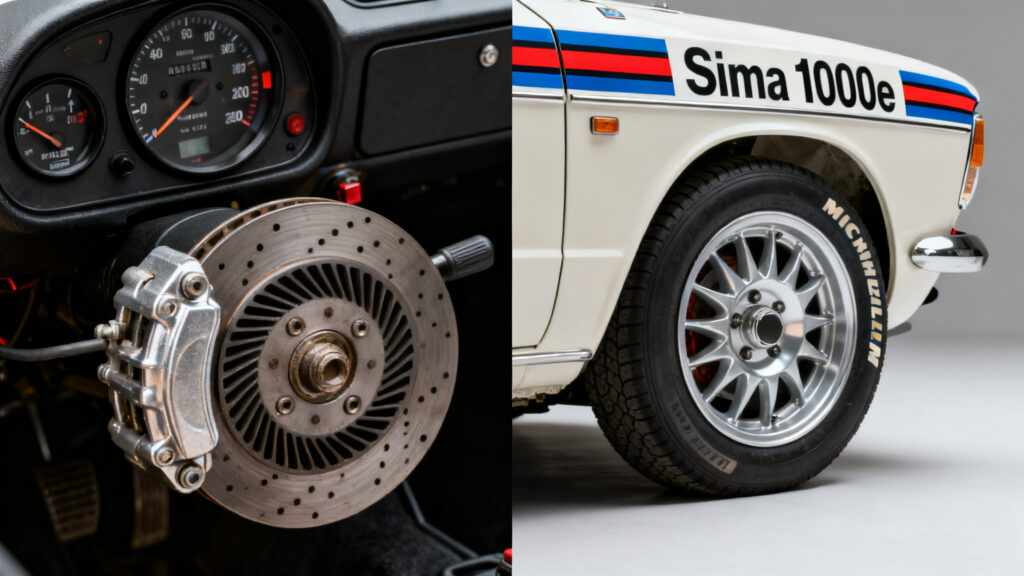 Bandes, compte-tours et freins d’une Simca 1000 Rallye