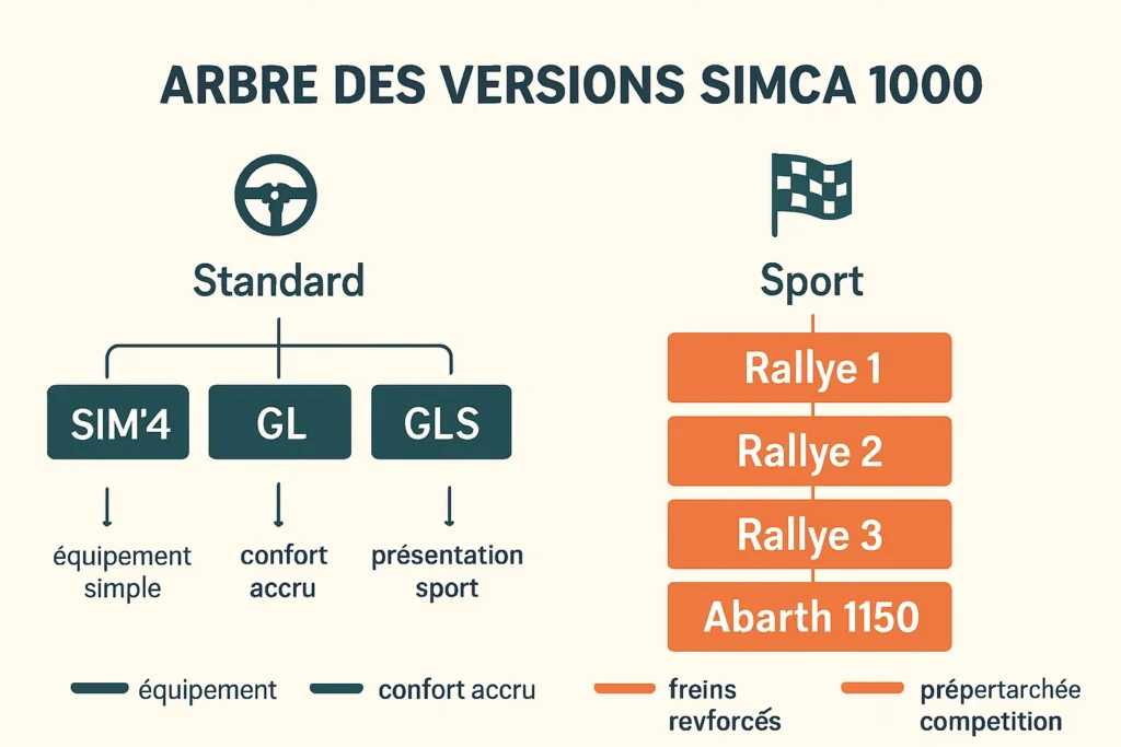 Schéma des versions Simca 1000, de SIM'4 aux Rallye