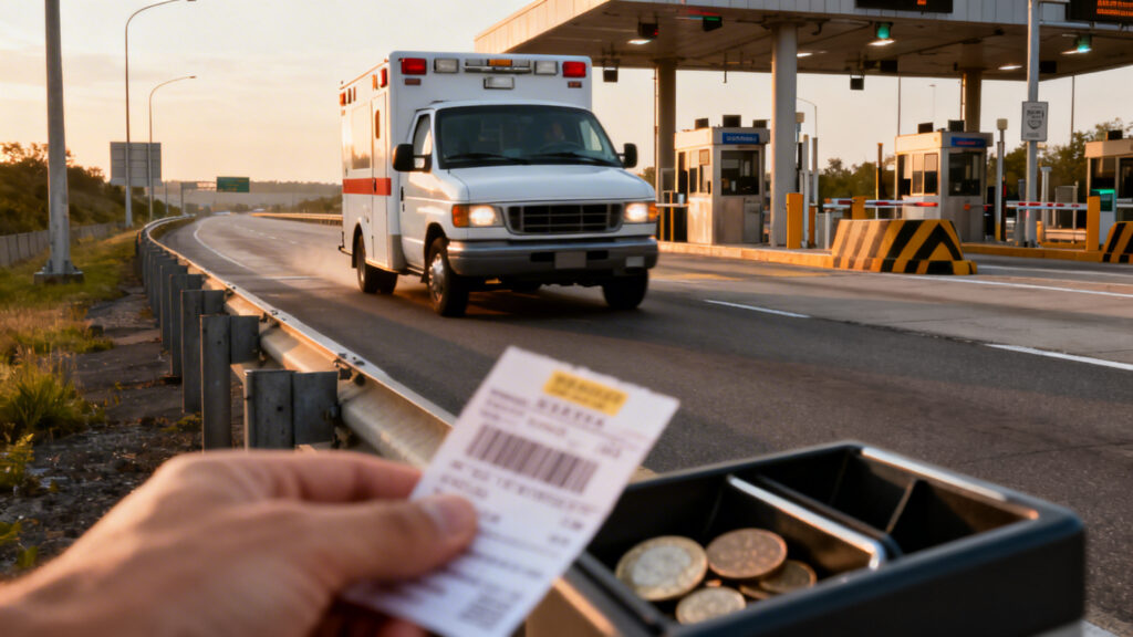 Ambulance au péage illustrant frais de péage et suppléments