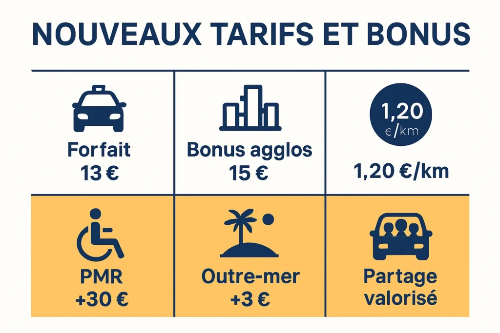 Forfait 13 €, 1,20 €/km, bonus agglos et PMR 30 €
