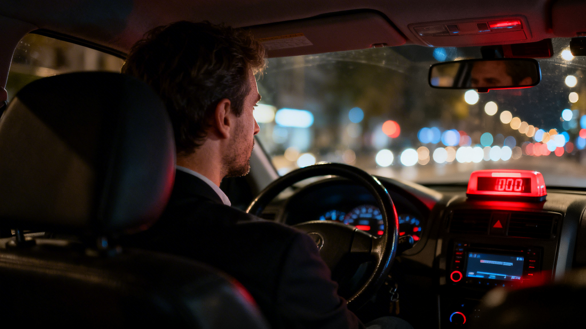 Compteur allumé et volant, illustrant le salaire d’un chauffeur de taxi