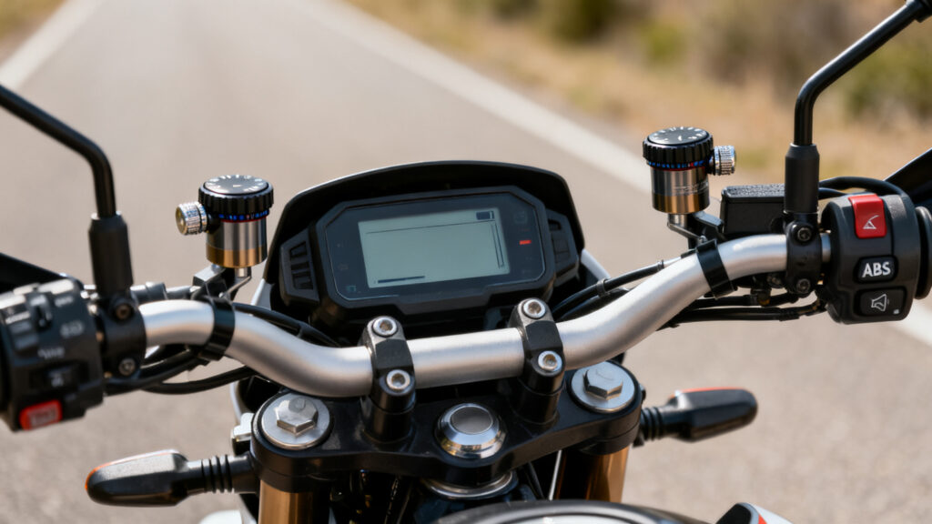 Cockpit avec écran TFT et commandes ABS sur trail moderne