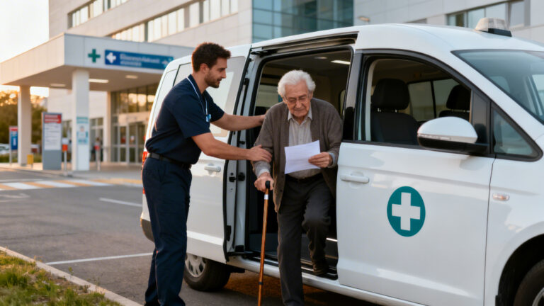 Patient présentant un bon de transport médical devant un VSL