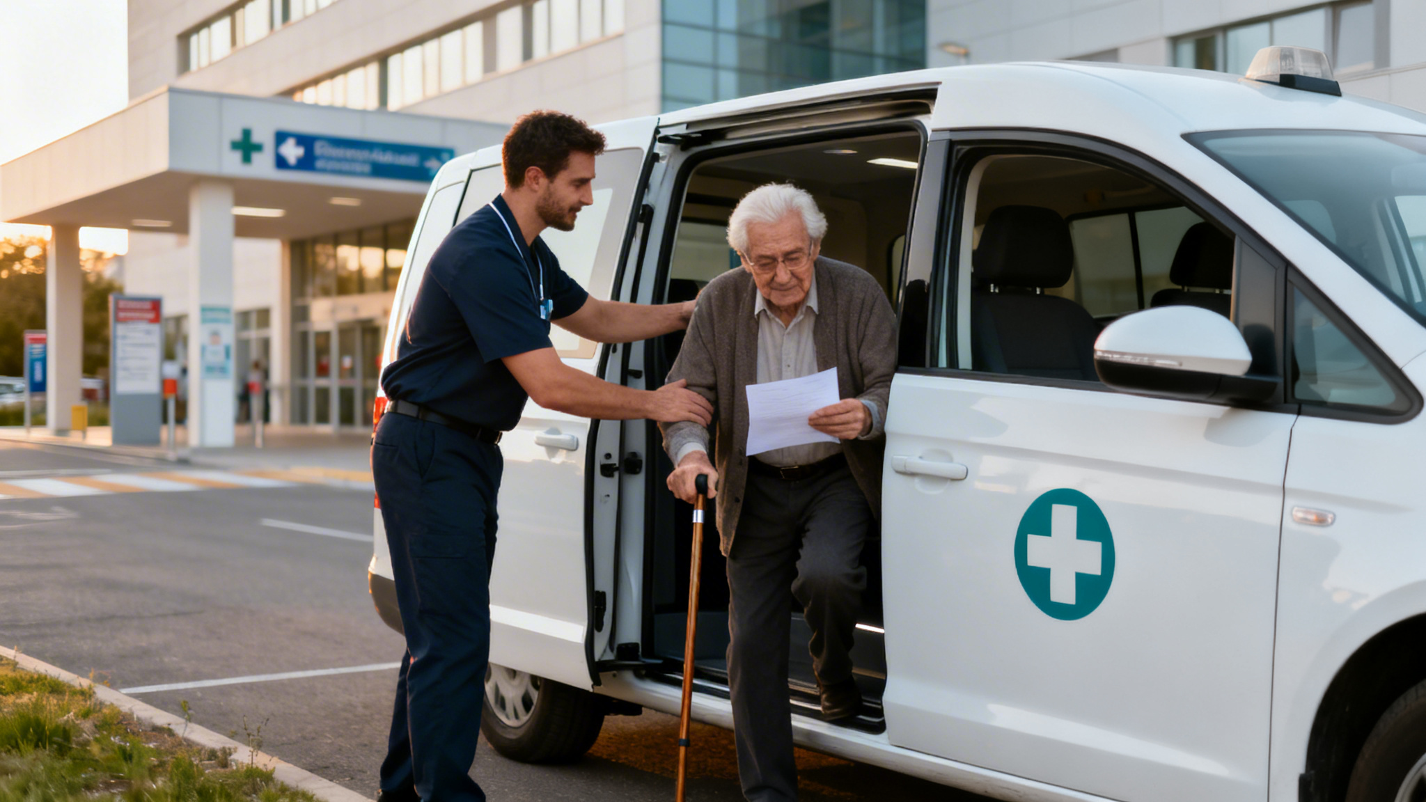Patient présentant un bon de transport médical devant un VSL