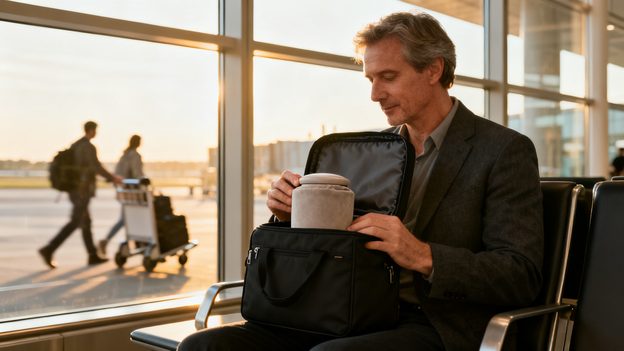 Voyageur préparant le transport d’urne funéraire en cabine