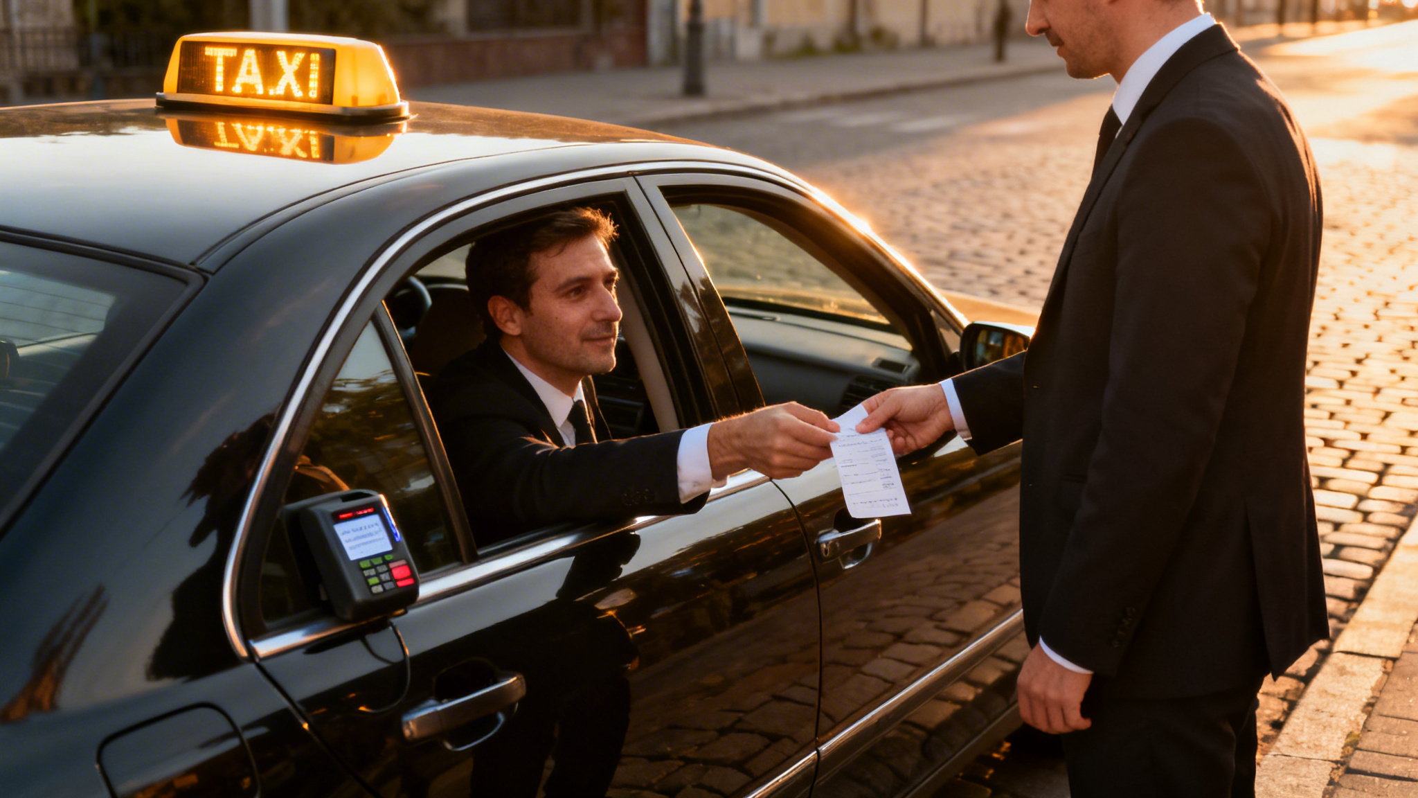 Chauffeur remet un reçu, calcul TVA taxi au compteur