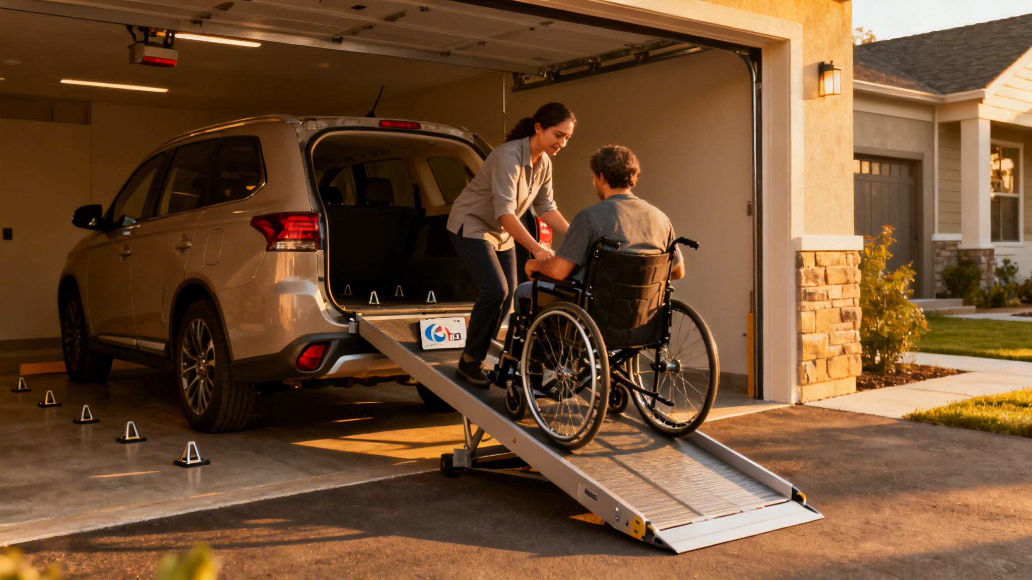 Voiture pour personne handicapée avec rampe déployée
