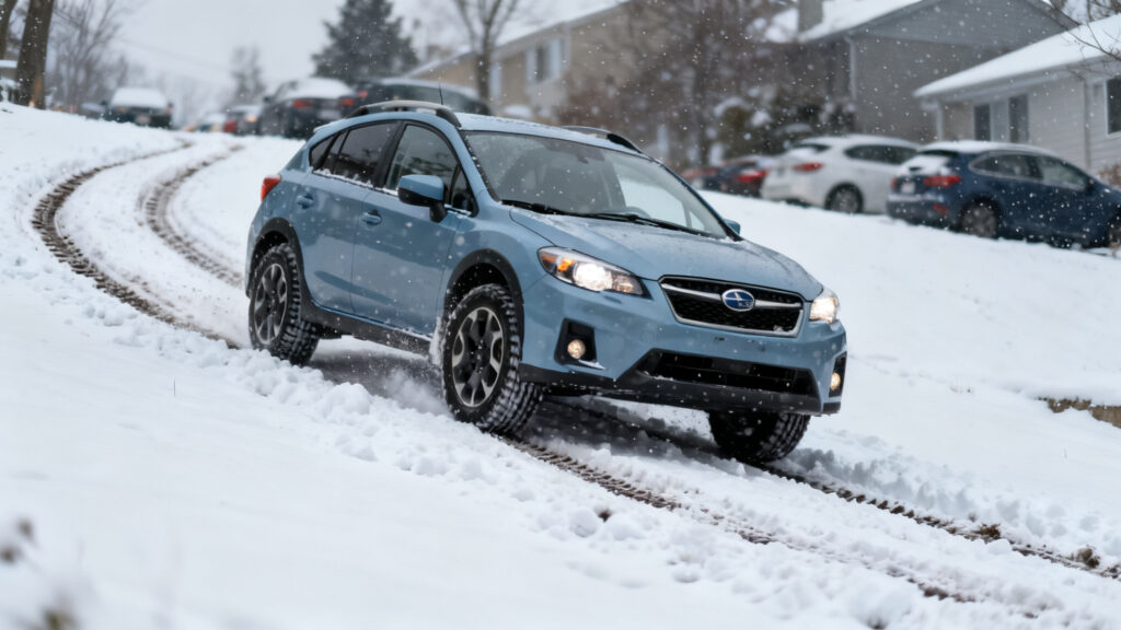 SUV hybride AWD-i grimpant une rue enneigée