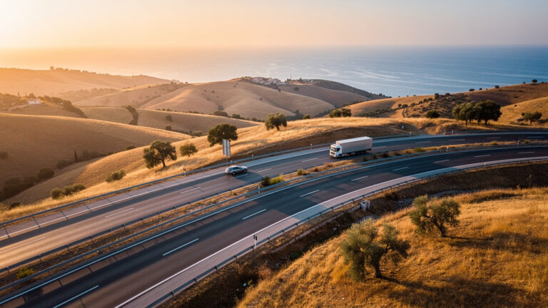 Vue aérienne évoquant l’autoroute A9 en bord de Méditerranée