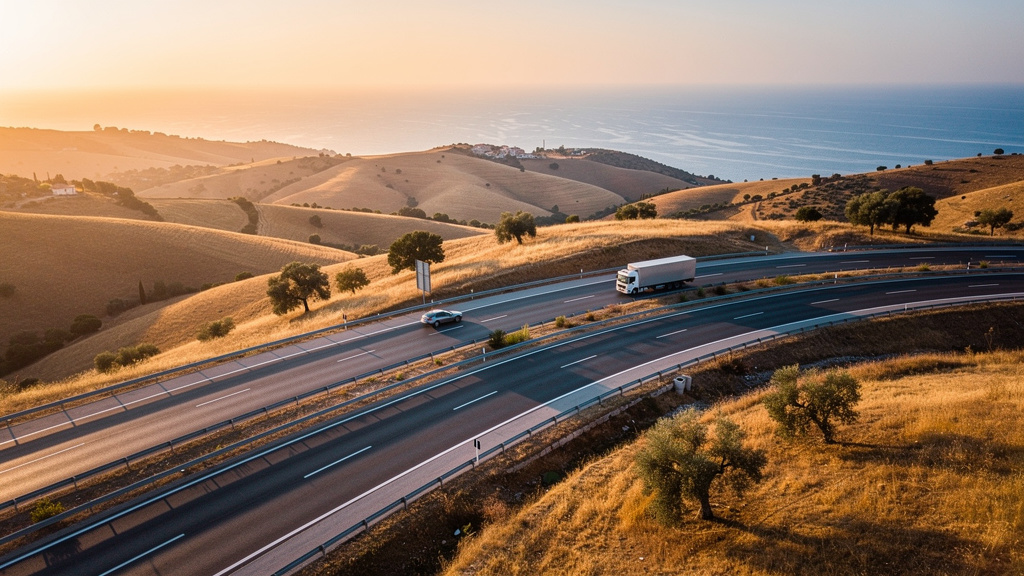 Vue aérienne évoquant l’autoroute A9 en bord de Méditerranée