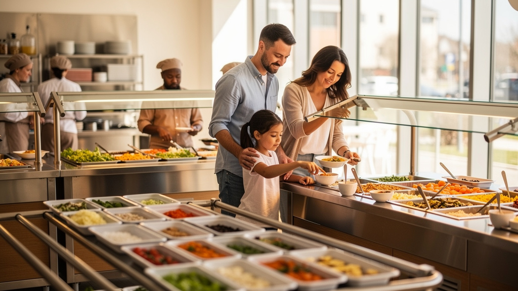 Pause déjeuner en cafétéria, menu enfant et buffet à volonté