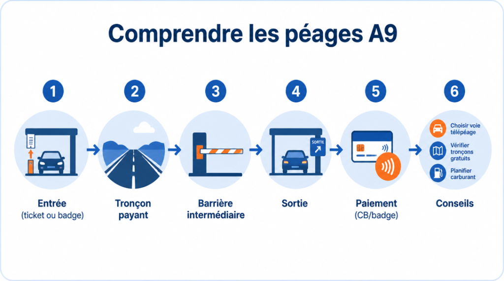 Schéma des tronçons à péage et du flux télépéage sur l’A9