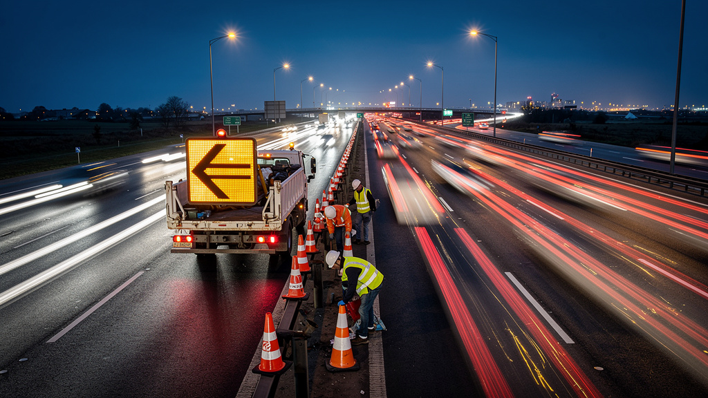 Travaux nocturnes avec balisage et voie neutralisée sur l’A9