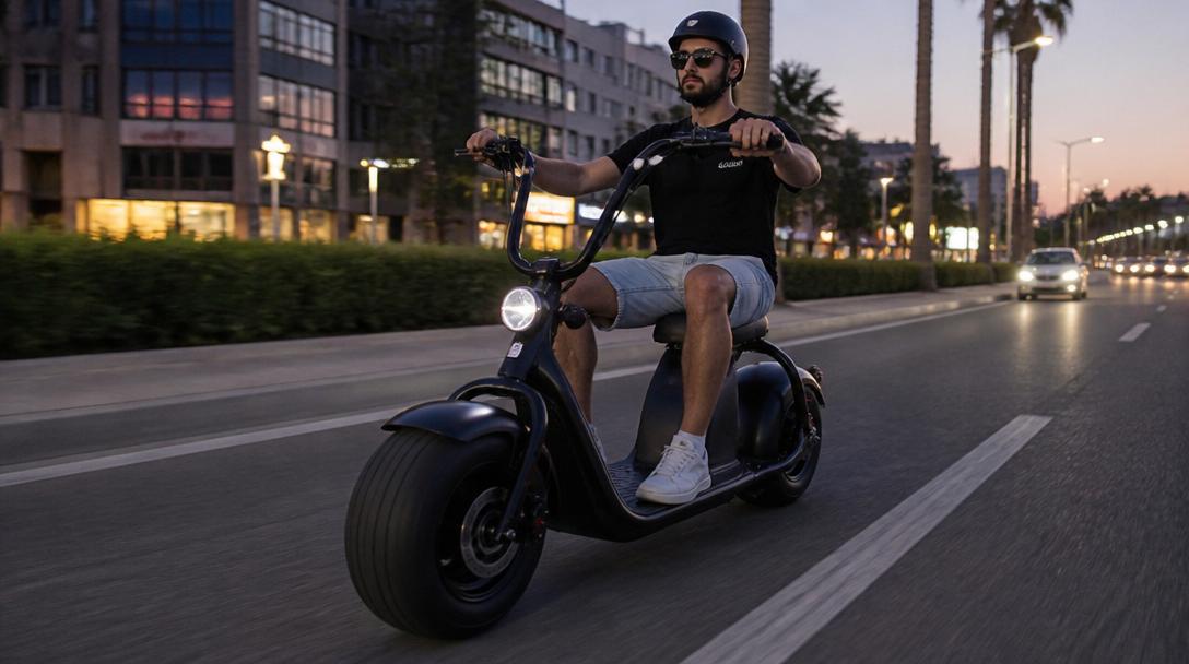 Citycoco roulant à 45 km/h sur boulevard urbain au crépuscule