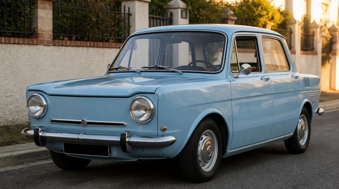 Simca 1000 bleue en trois-quarts avant au soleil