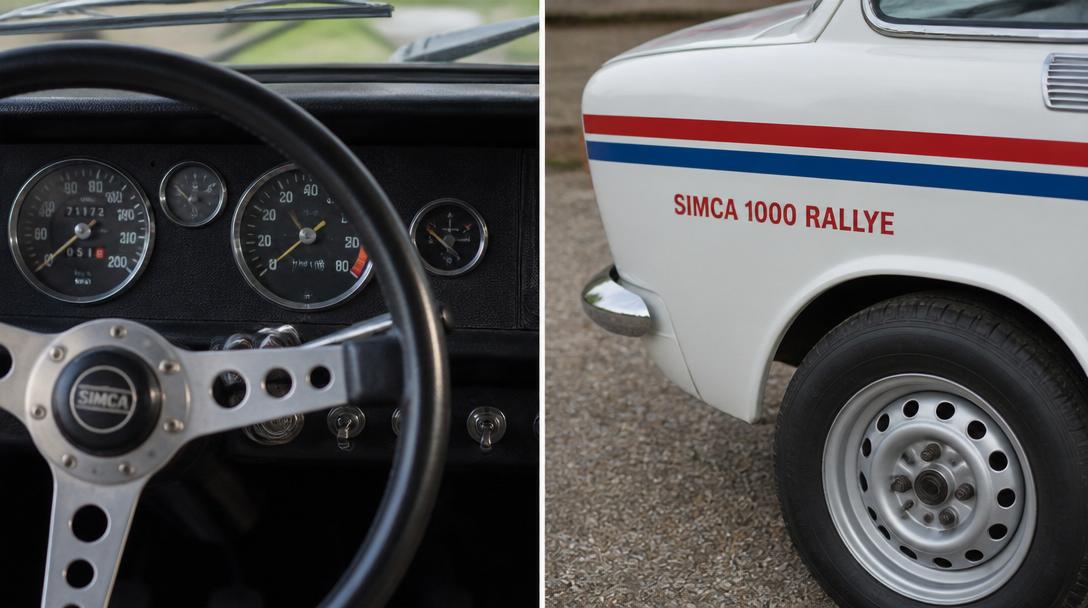Bandes, compte-tours et freins d’une Simca 1000 Rallye