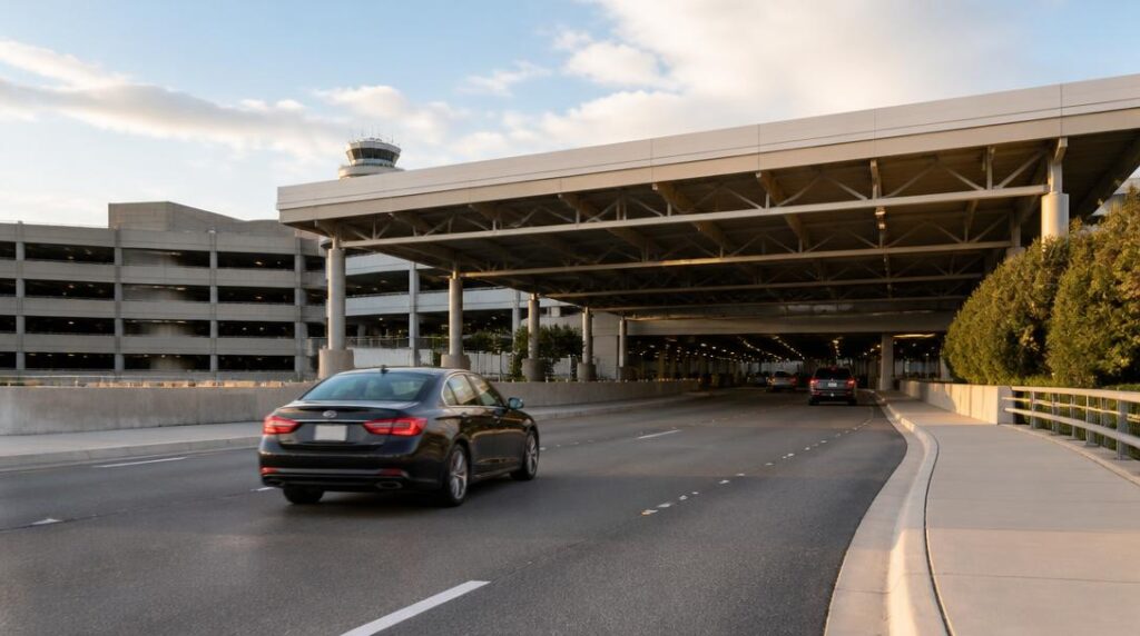 Voiture professionnelle entrant vers un terminal aéroport