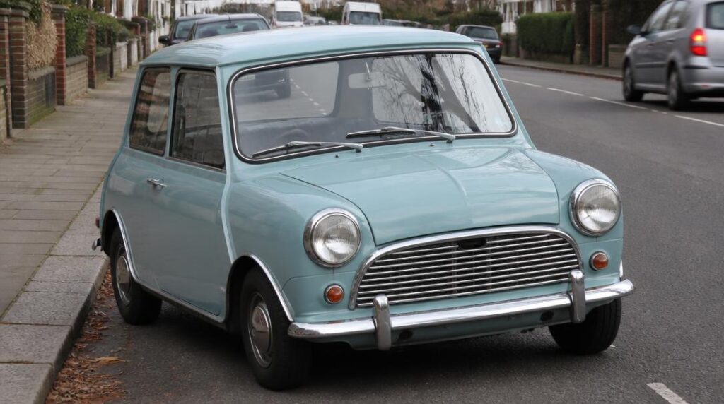 Austin Mini bleue, voiture britannique ancienne