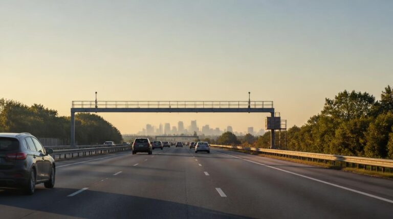 Circulation sur autoroute devant un portique de péage