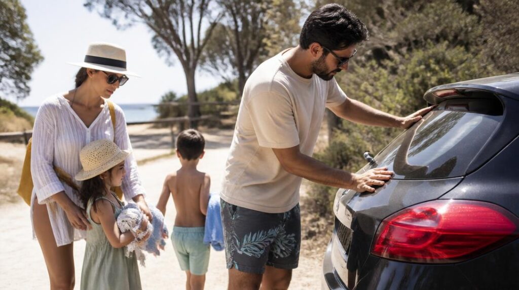 Famille préparant son véhicule au parking