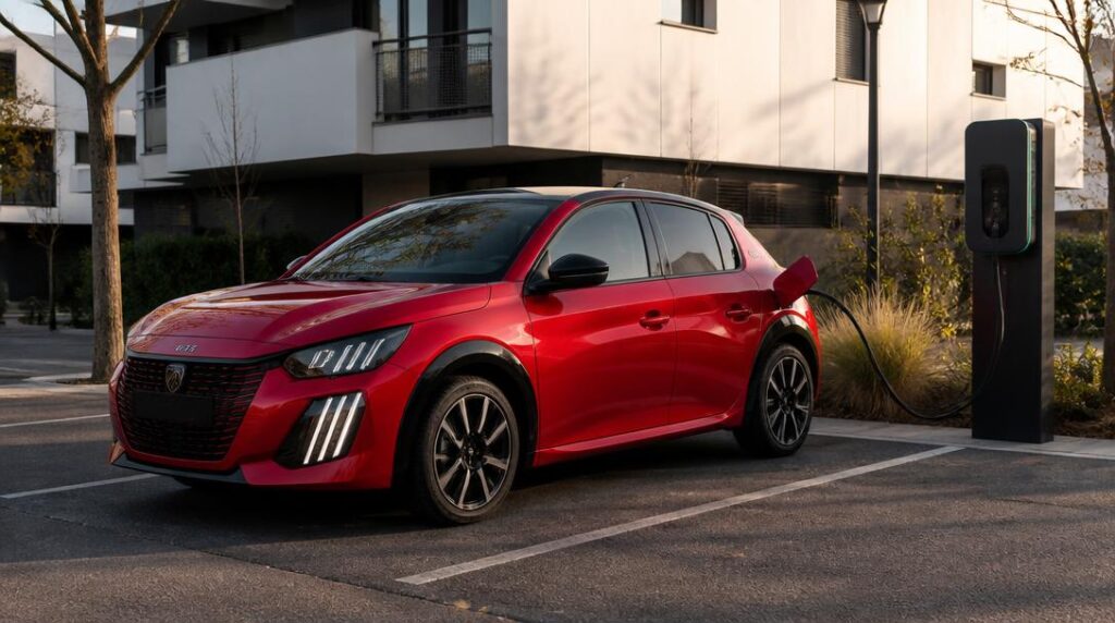 Peugeot e-208 GT en recharge sur une borne