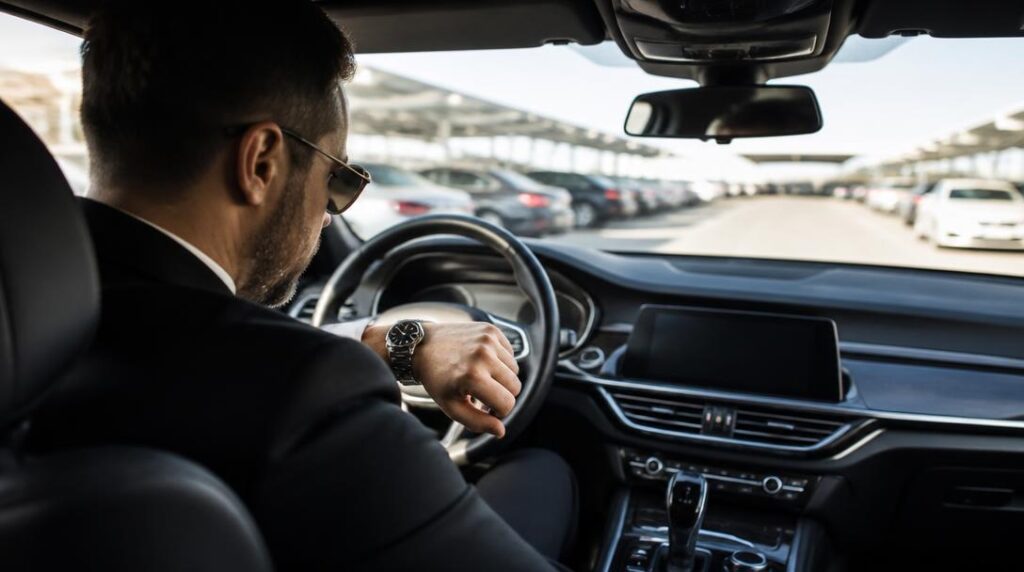 Chauffeur VTC vérifiant son temps de stationnement