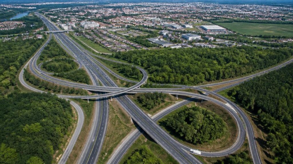 Échangeur autoroutier pour préparer un itinéraire A14