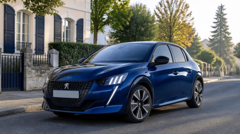 Peugeot 208 GT bleue stationnée en ville