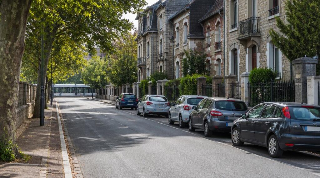 Rue résidentielle proche d’un tramway et stationnement