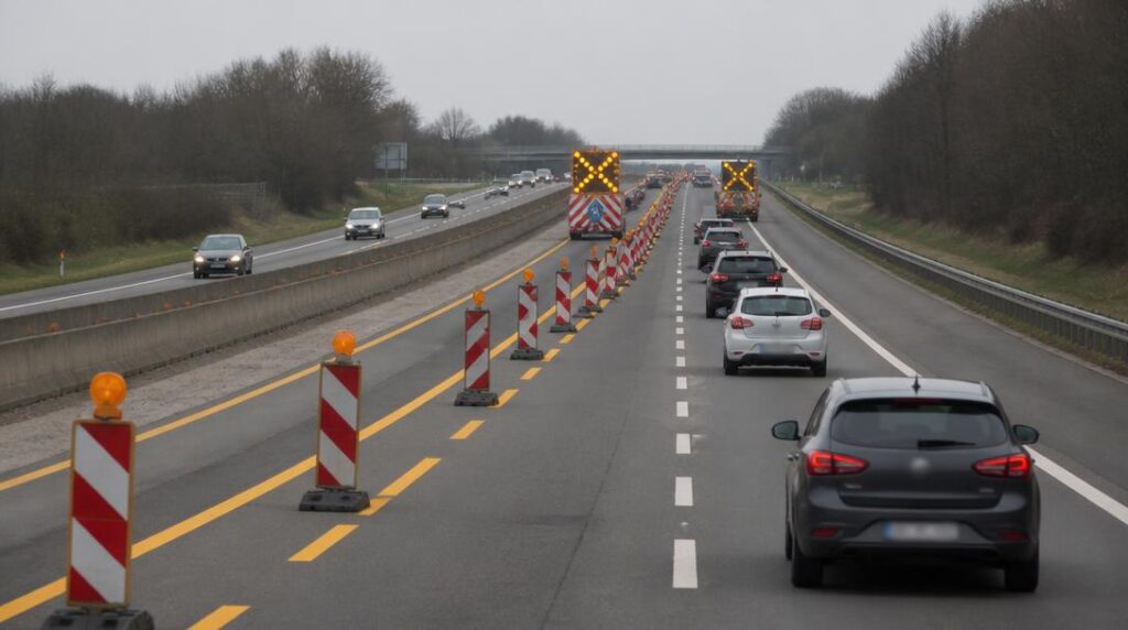 Zone de travaux avec vitesse limitée sur autoroute
