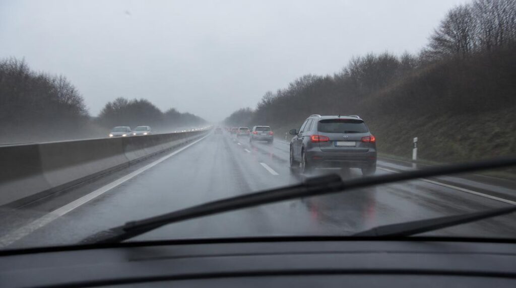 Chaussée mouillée sur autoroute pendant une averse